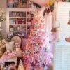 7.5' Duchess Pink Flock Artificial Christmas Tree with 600 Warm White LED Lights