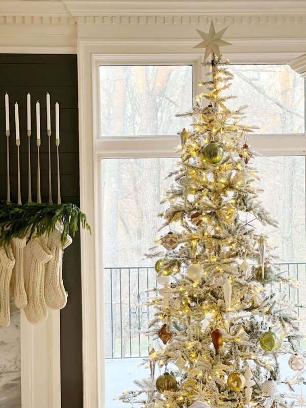 8' King Noble Flock Artificial Christmas Tree with 600 Warm White LED Lights