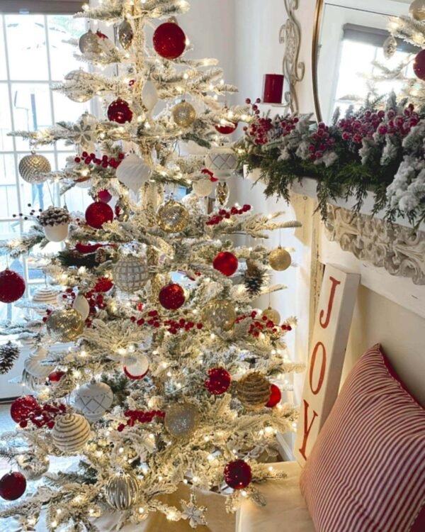 8' King Noble Flock Artificial Christmas Tree with 600 Warm White LED Lights